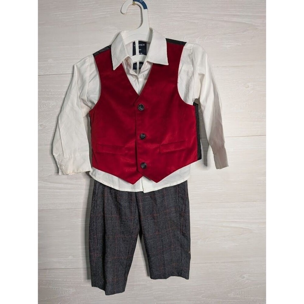 Nautica Baby Boy 4pc Vest Set 18M Red Velvet Vest Glen Plaid Pants Shirt Tie